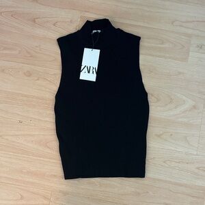 Zara Black Ribbed Mock Neck Sleeveless Tank